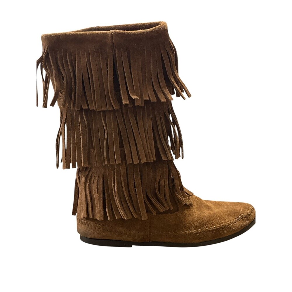 Minnetonka 3-Layer Fringe Mid-Calf Brown Suede Boots W S 9 Cowgirl Boho Winter.